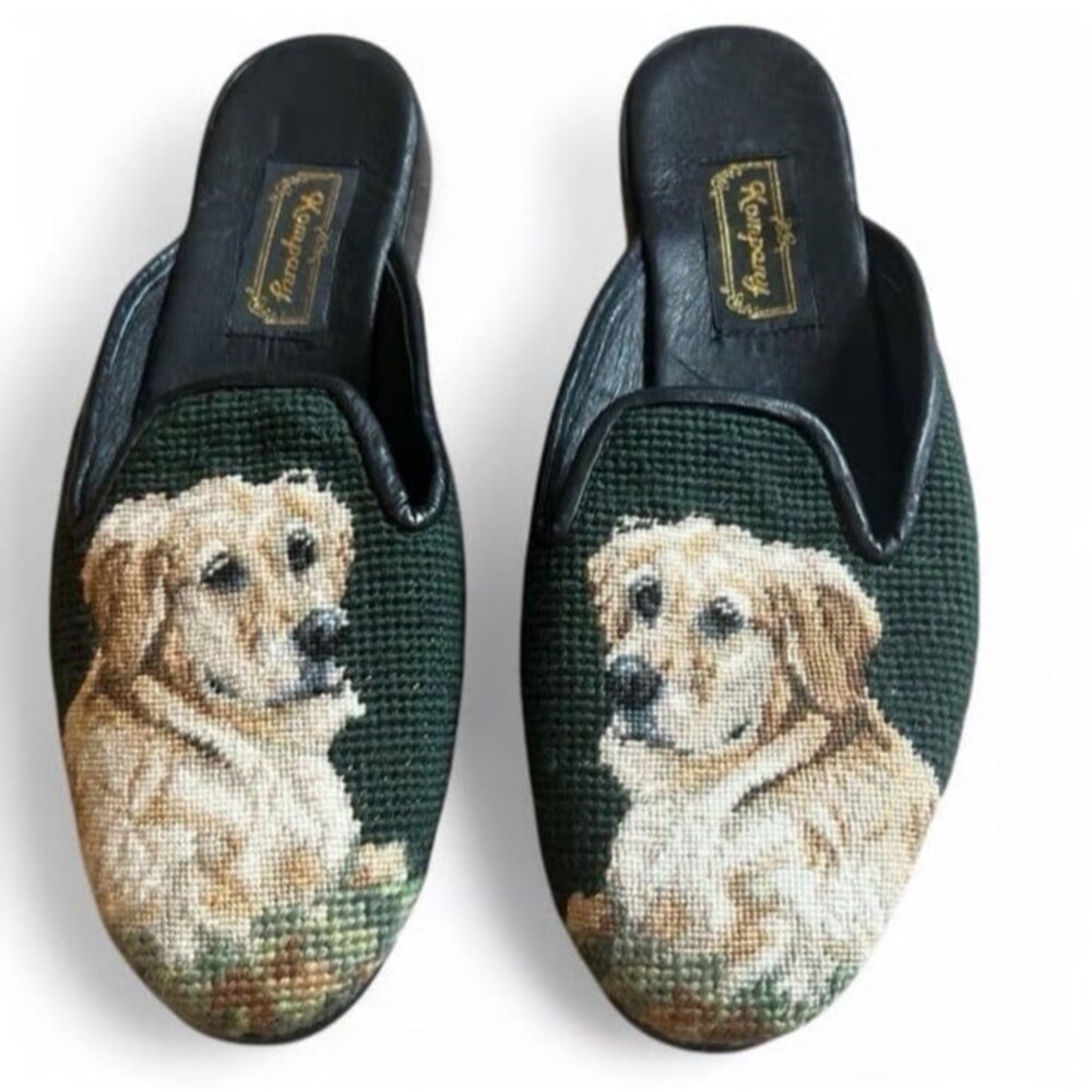 Vintage Needlepoint Embroidered Dog Golden Retriever Mule Slides Sz 8 8.5 9